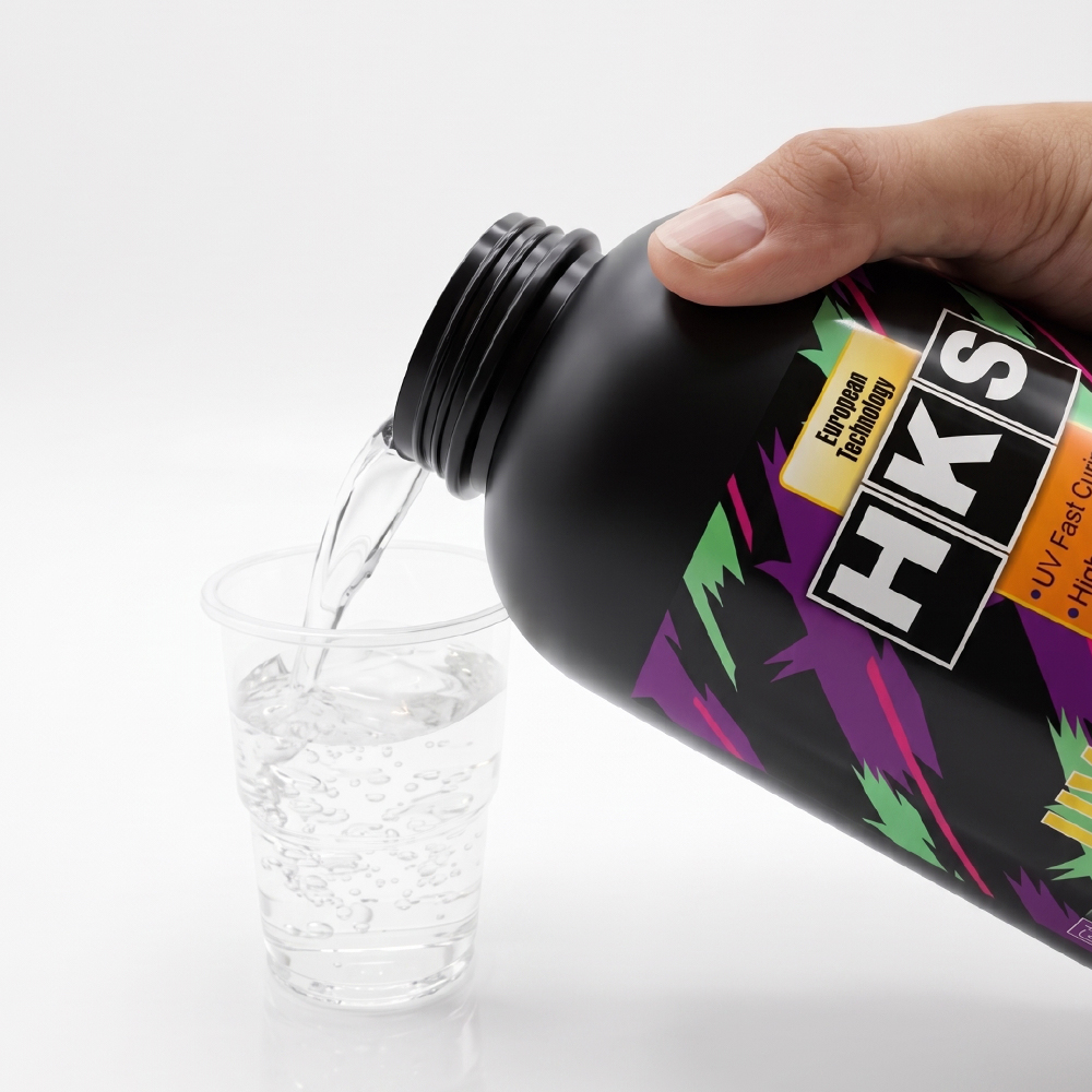 Break the Spray Booth Bottleneck: The Ultimate Guide to HKS High Gloss UV Clearcoat HK709 2 Pouring HKS 1K UV clear coat into a mixing cup, demonstrating the ready-to-use formula with zero hardener required.