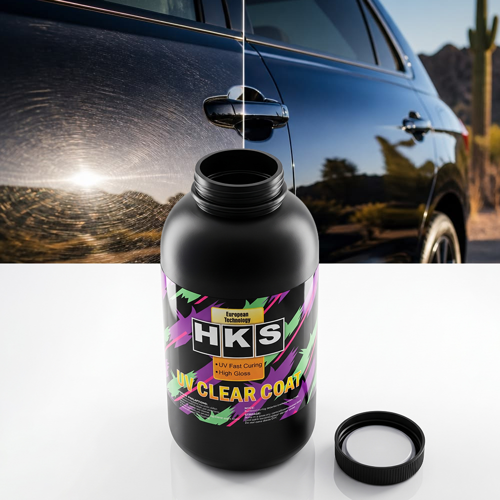 Break the Spray Booth Bottleneck: The Ultimate Guide to HKS High Gloss UV Clearcoat HK709 3 Car door panel showing the mirror-like high gloss finish achieved with HKS UV automotive clearcoat.